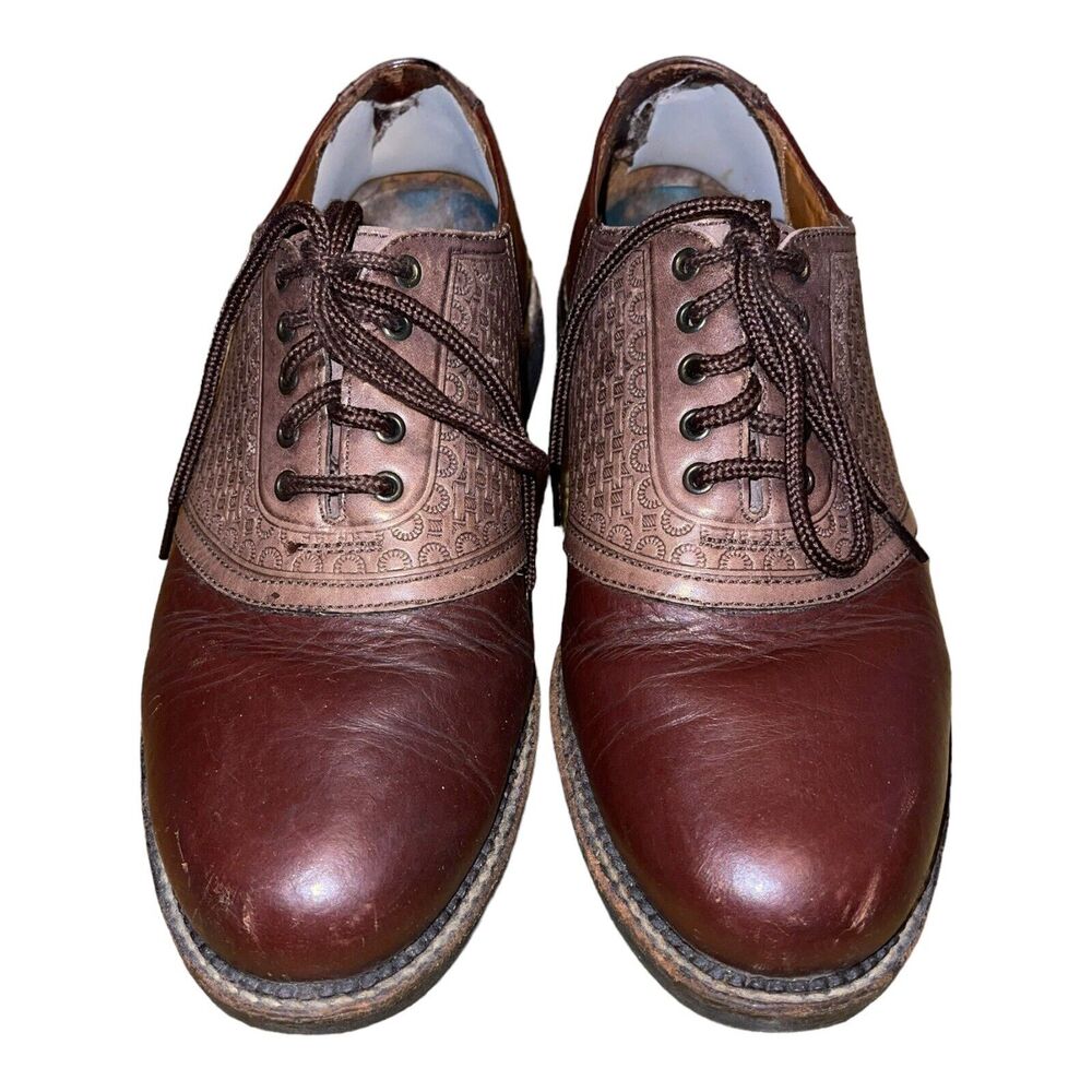 H.S. Trask Two-Tone Bison Leather Oxfords~Black+Embossed Brown Saddle~Mens 9M